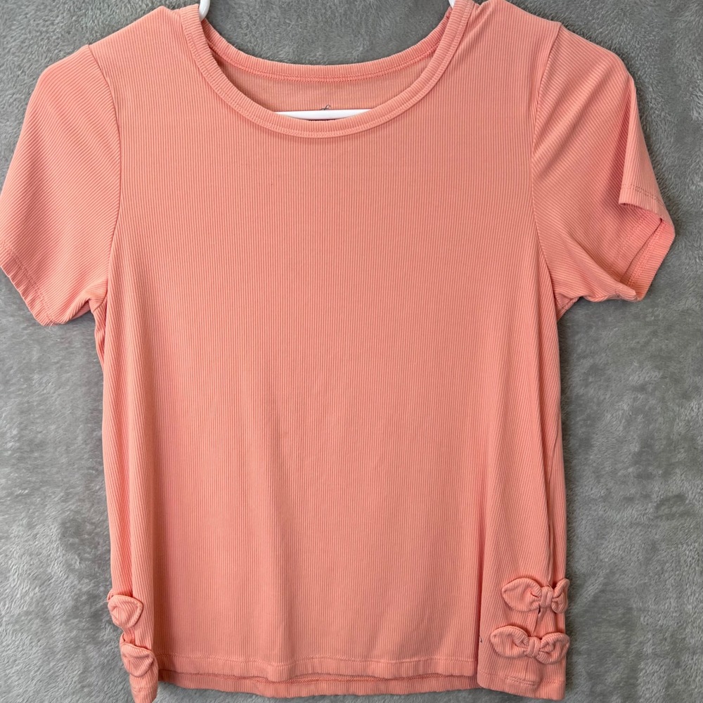 Freely Women XL Ribbed Short Sleeve T-Shirt Coral Pink Side Bow Accents Coquette